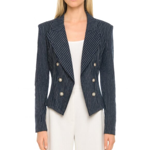 L'AGENCE Jackets & Blazers - L'AGENCE 'Wayne' Striped Seersucker Cropped Blazer, Navy Blue/Natural Stripe